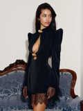 Elegant Lace-Detail A-Line Mini Dress with Shoulder Pads, Defined Waist & Metallic Accent – Perfect for Parties