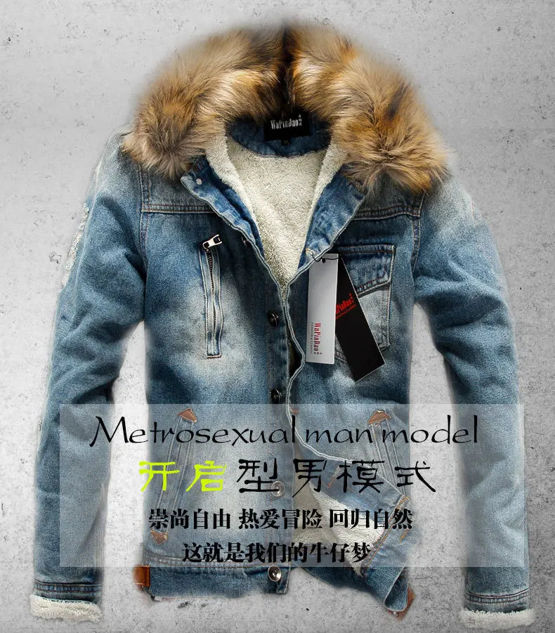 New Men's Fashion Retro Plush Denim Jacket Casual Tear Patch Denim Coat
