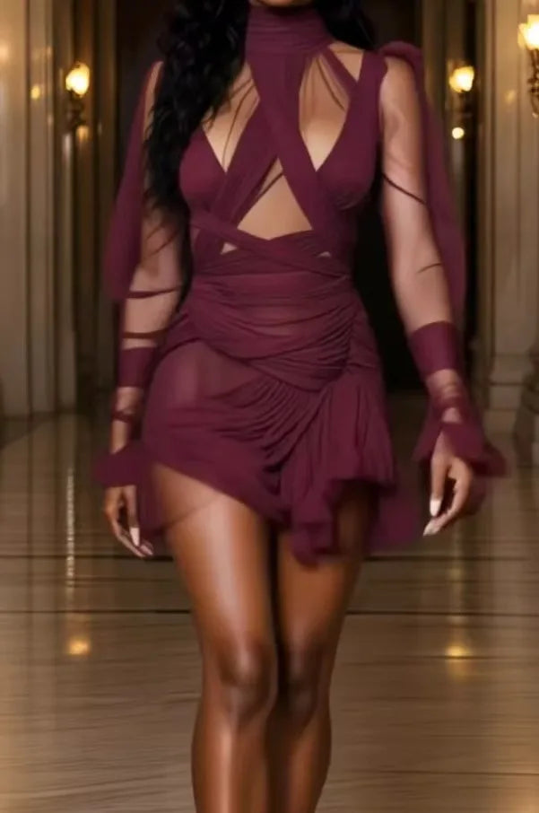 Women's Mini Dress with a High Collar, Draped Ruffle Waist, Solid Color, and Long Sleeves – Ideal for Casual or Party Wear.