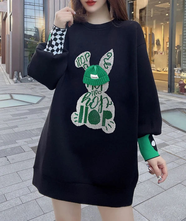 Sweatshirt for Women BlackGraphic Long  Woman Tops Loose Embroidered Pullover Baggy Korean Popular Clothes