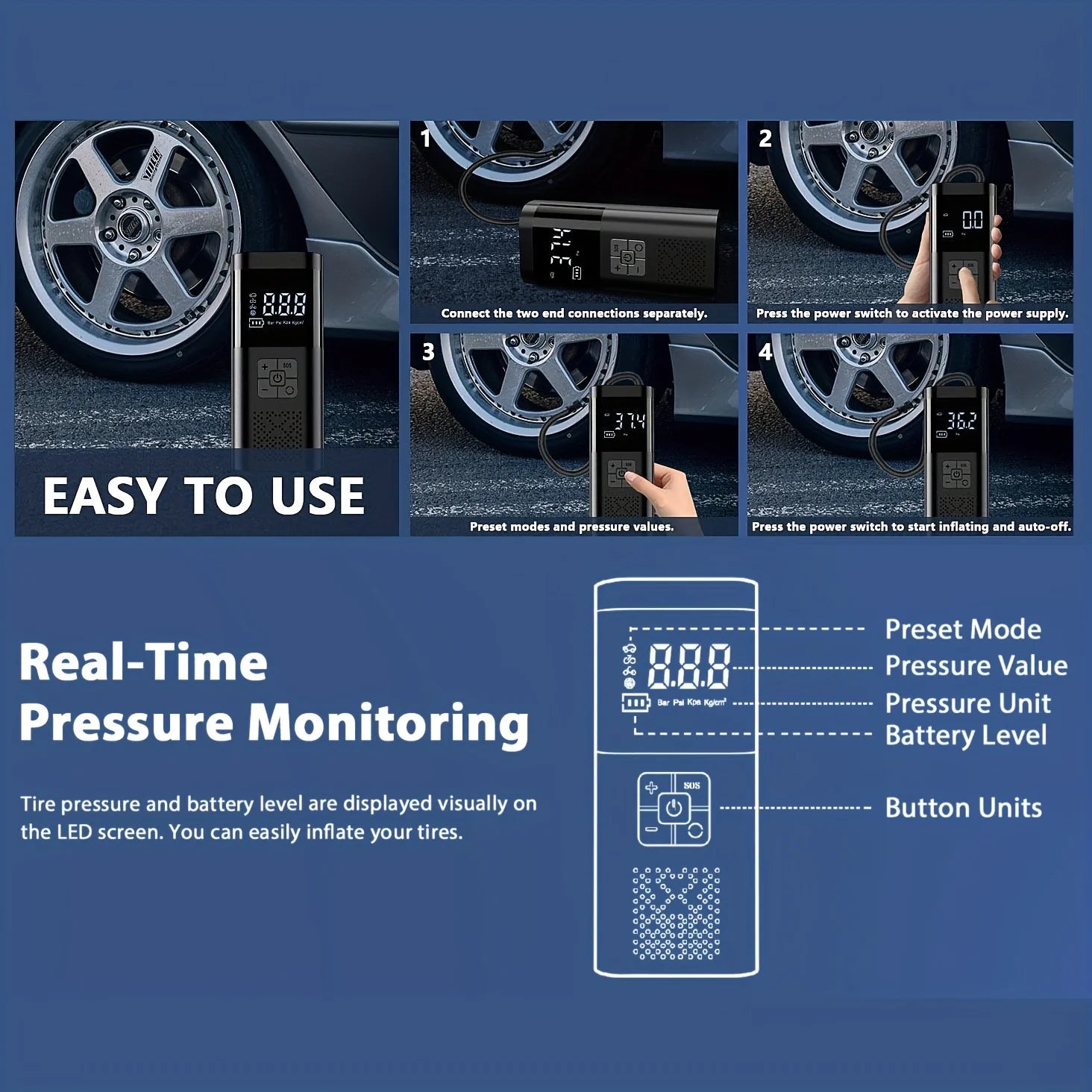Portable Car Air Compressor Cordless Tire Inflator Pump with Digital Gauge for Car Motorcycle Bike