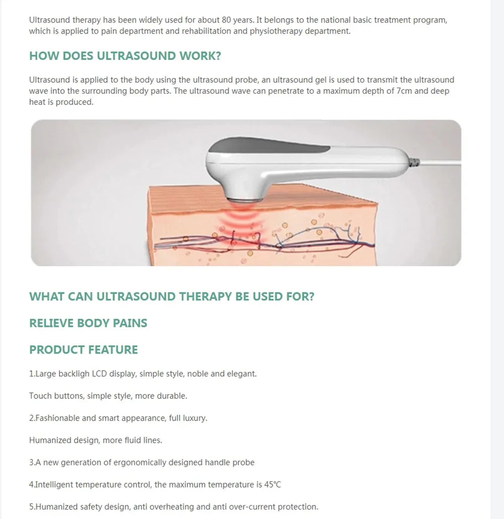 Drug-free ultrasound therapy machine designed to relieve muscle soreness and joint discomfort with digital LCD screen ⚡🧠