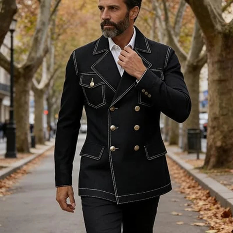 Men's Denim Jacket Double Breasted Slim Fit Notch Lapel Multi-pocket With Gold Button British Style Casual Office Spot Coat