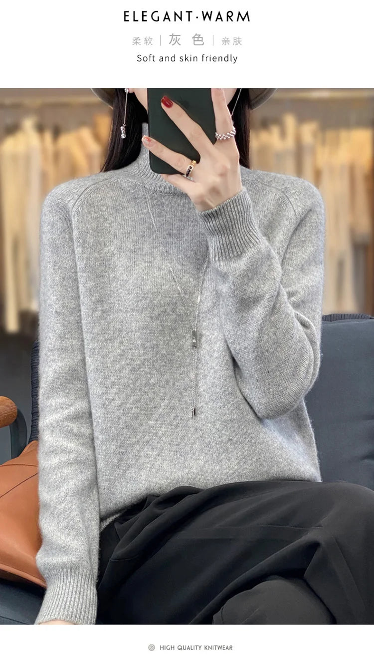 Autumn Winter Wool Sweater Mock Neck Office Lady Knitted Pullover Solid Soft Long Sleeve