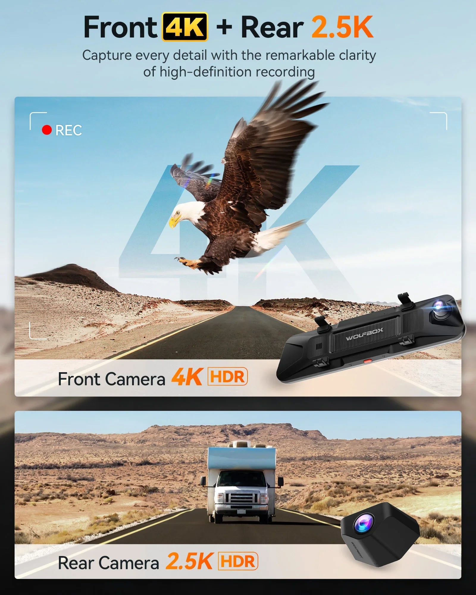WOLFBOX G900 PRO Dash Cam – 4K front + 2.5K rear mirror dash camera with voice control, 5GHz Wi-Fi, GPS tracking, loop recording, and dual front & rear cameras for clear driving video and smart car security.