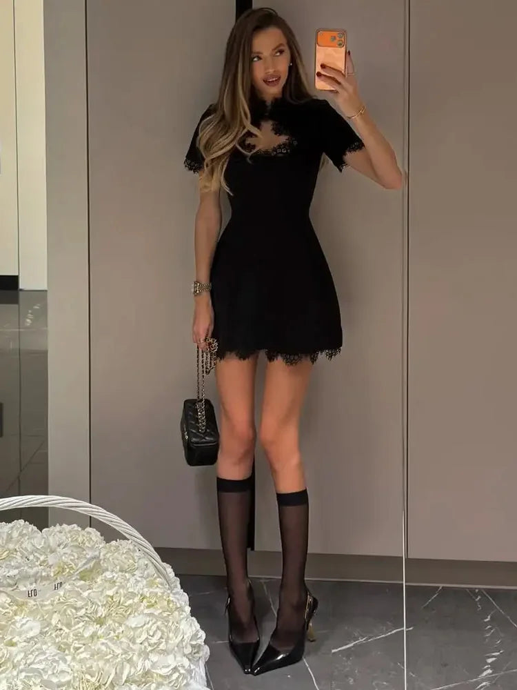 Tossy Black Lace Cutout Mini Dress – High Waist Party Style