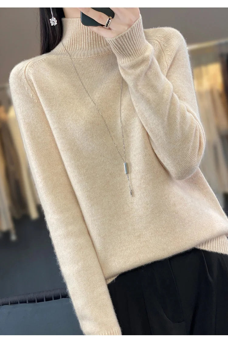 Autumn Winter Wool Sweater Mock Neck Office Lady Knitted Pullover Solid Soft Long Sleeve