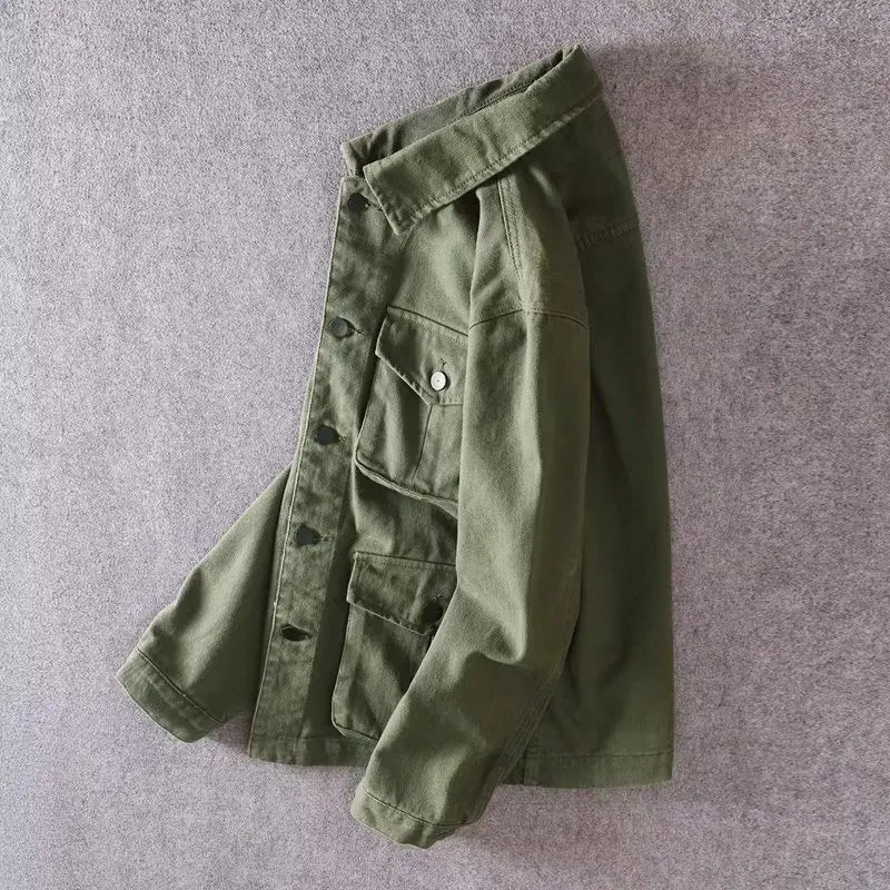 Spring and Autumn New Men's Fashion Casual Loose Jacket Solid Pocket Work Wear Denim Jacket