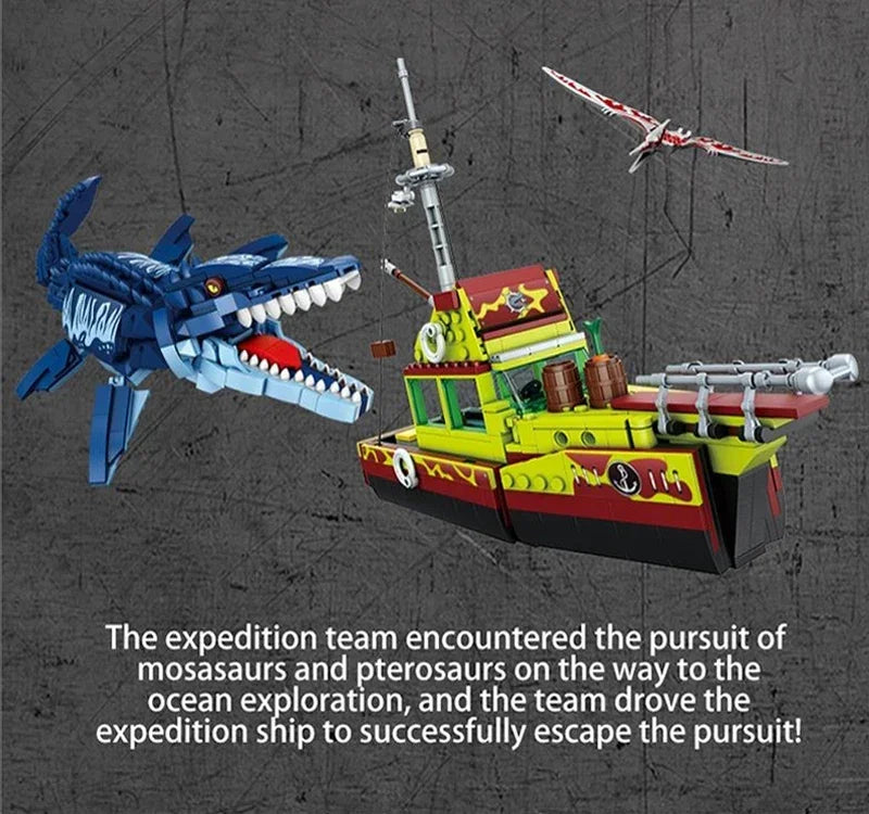 Sea Monster Attack Building Blocks – Adventure Boat and Dinosaur Construction Set Toy for Children