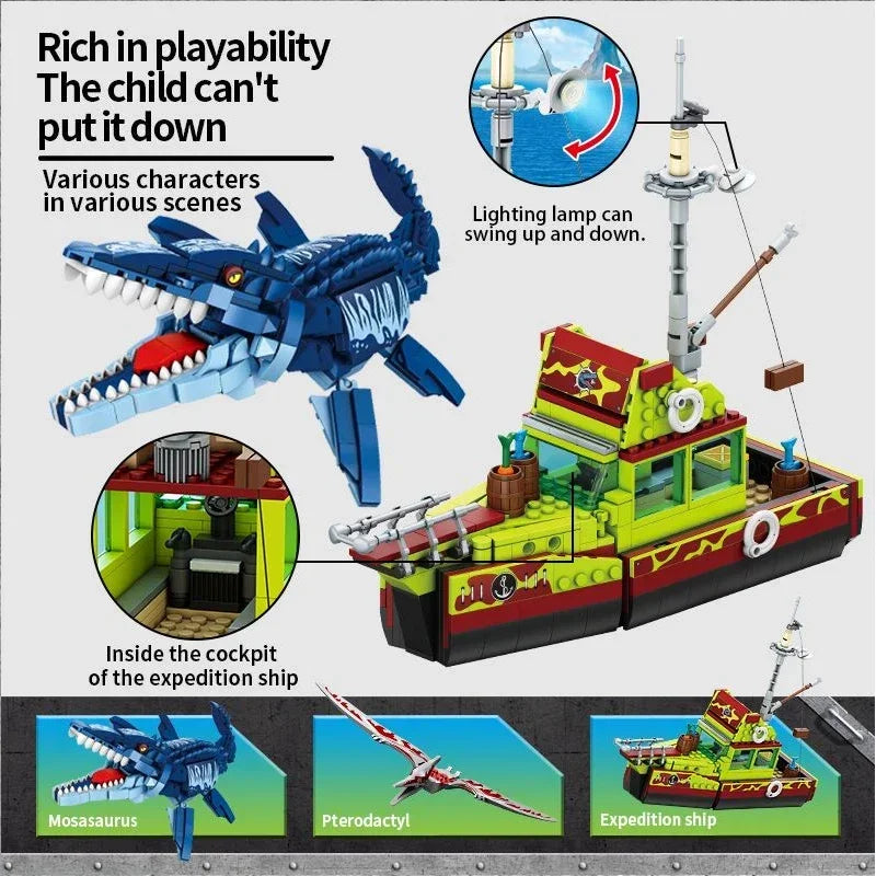 Sea Monster Attack Building Blocks – Adventure Boat and Dinosaur Construction Set Toy for Children